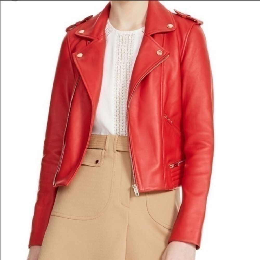 Maje Red Leather Jacket - Size M, 38